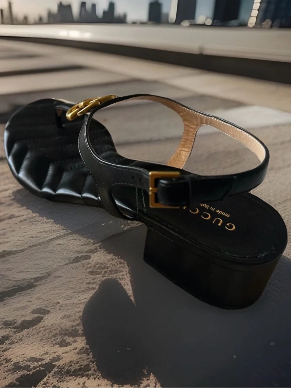 Gucci Black Leather Slingback Sandals with Gold Horsebit - Picture 3 of 7